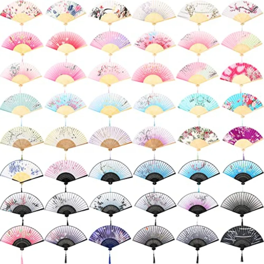 

Roowest 48 Pieces Folding Hand Fans for Line Dancing Foldable Chinese Fans for Women Girls Vintage Bamboo Handheld Silk Fabric