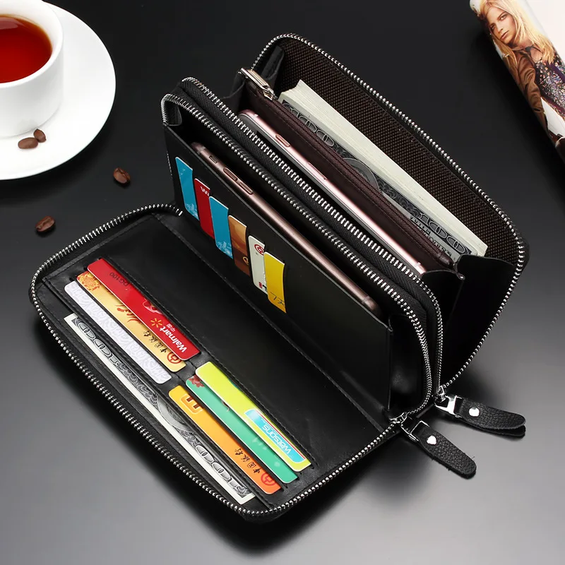 Men's Genuine Leather Wallet Sequined Plaid Top Long Zipper Business Card Holder Mobile Phone Bag Handbag
