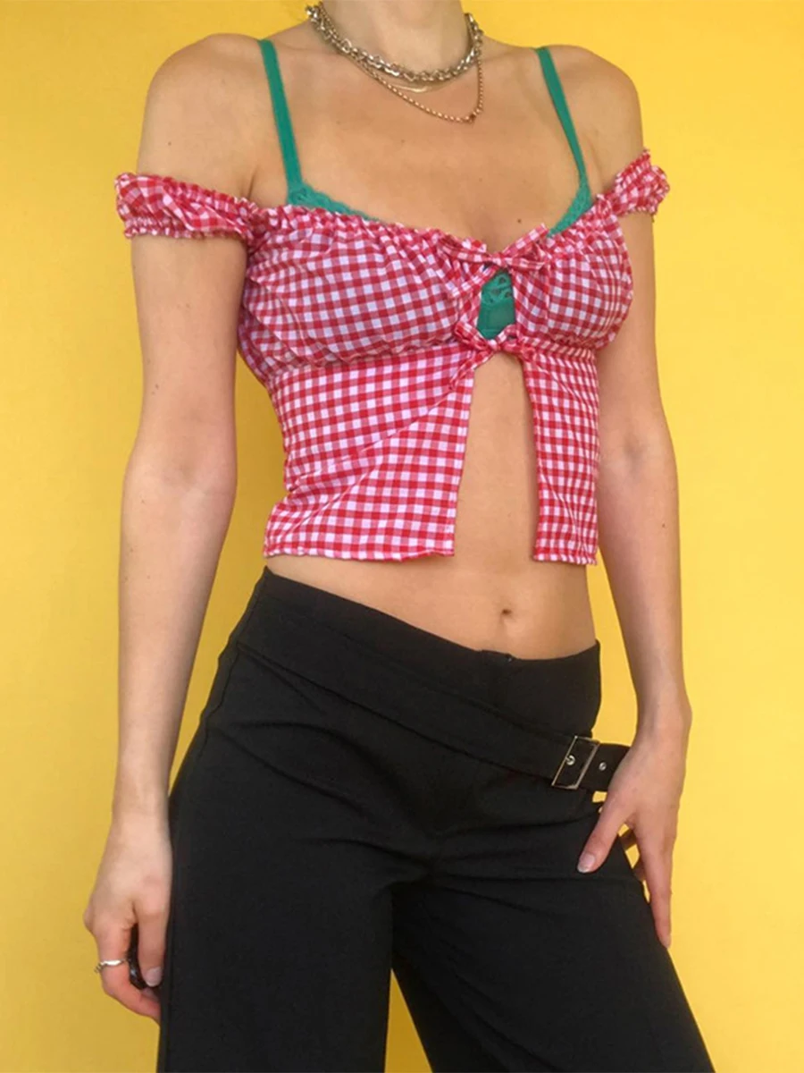 Women Y2k Plaid Crop Top Short Sleeve Front Tie Ruffle Gingham Blouses Lace Up Going Out Crop Tank