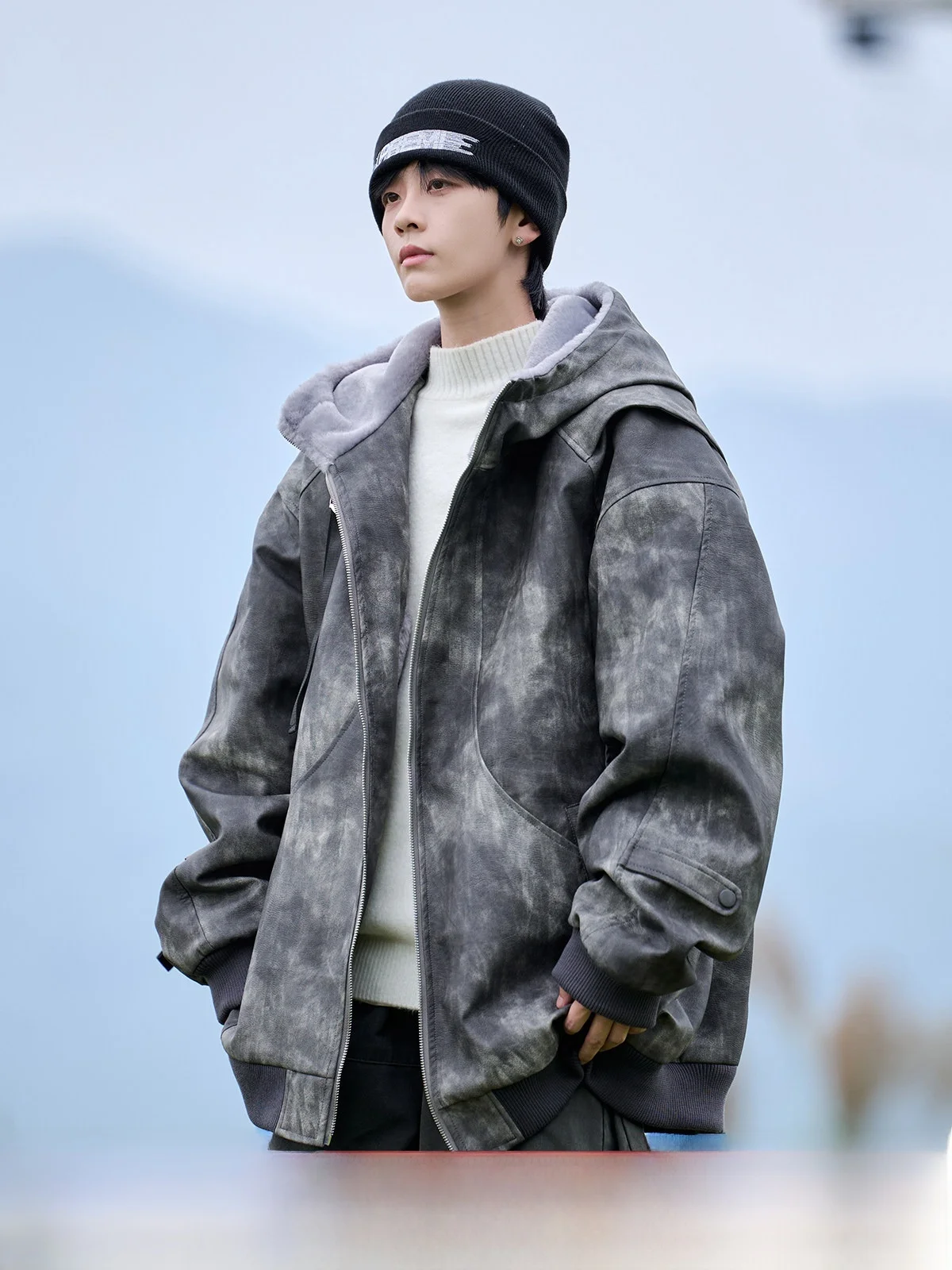 

Thiened Anti-Wind Lamb Velvet Hooded Cotton Jaet American Dyed Leather Coat for Men Winter New Sle Trendy Zipper Closure