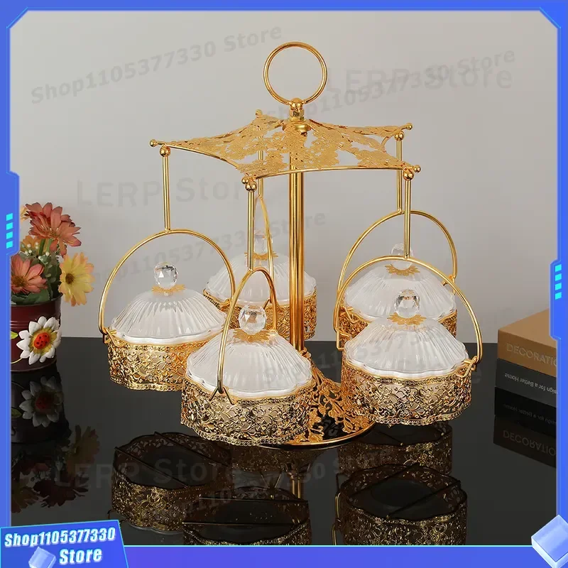Luxury Wrought Iron Acrylic Fruit Plate with Cover 5 Grid Umbrella Dried Fruit Box for Living Room Household Snack Storage