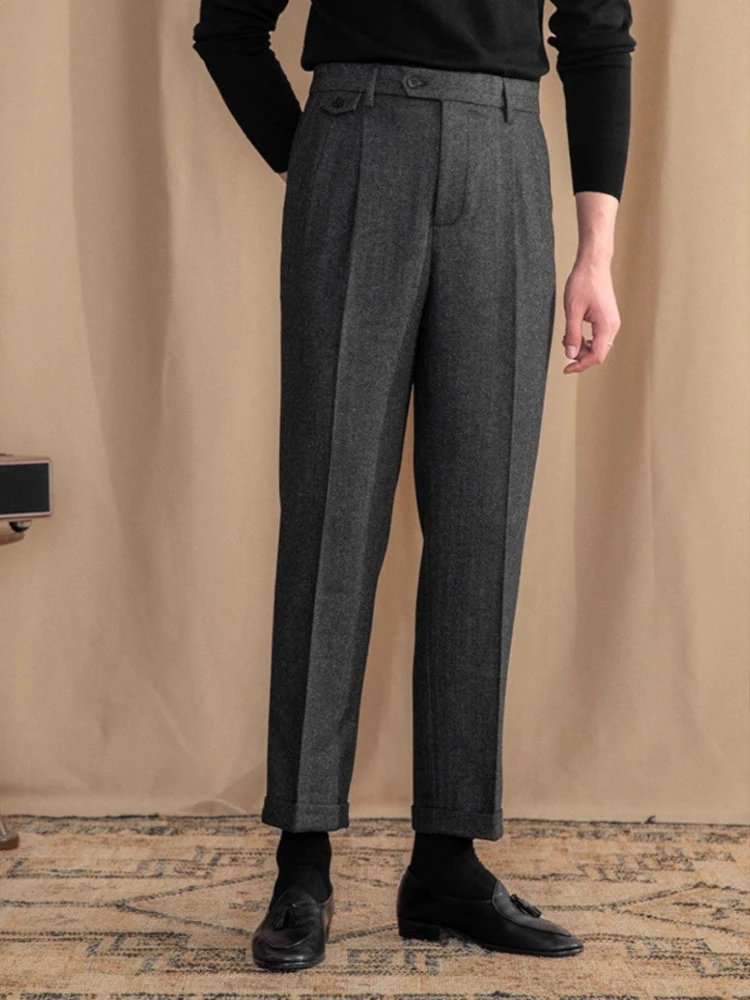 Italian Vintage Suit Pant For Men Autumn Winter Wool Herringbone Pattern Straight Trousers British Style Business Casual Pants