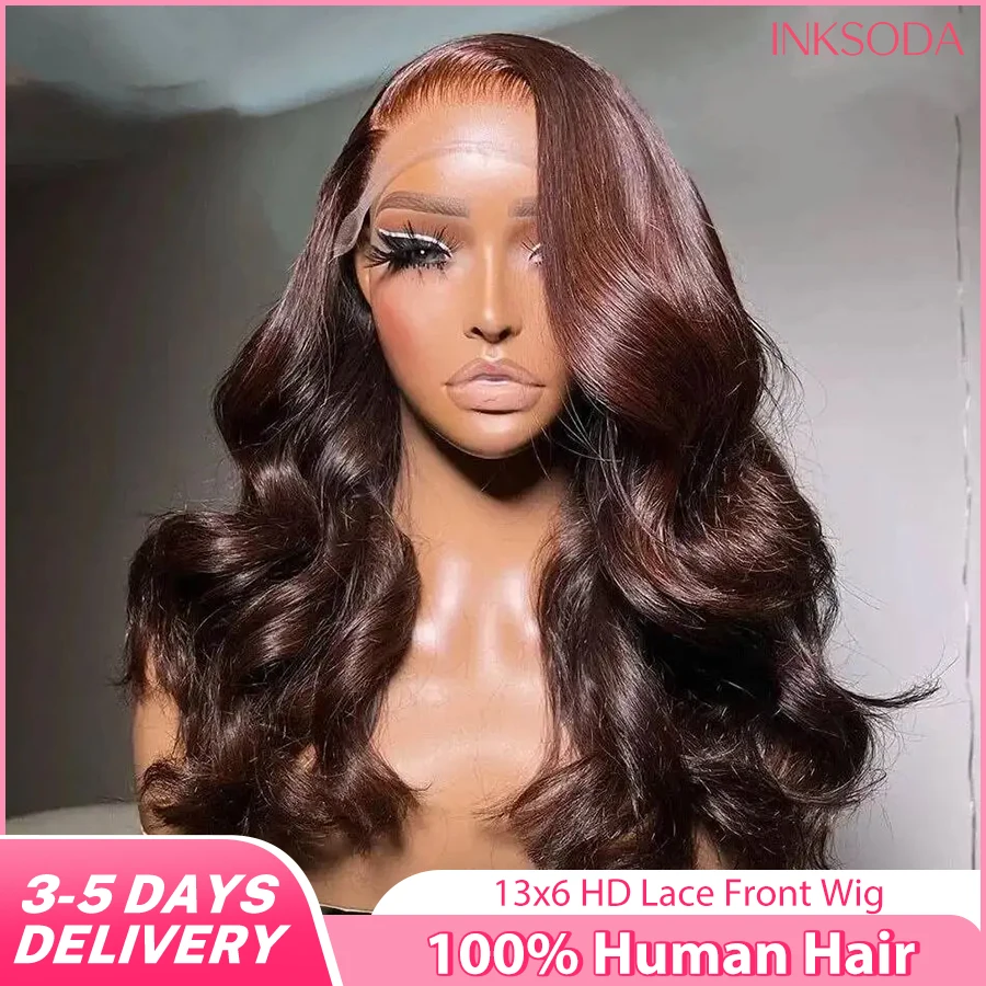

Body Wave 13x6 HD Transparent Lace Frontal Wigs Chocolate Brown Human Hair Wig 40 30 Inch Reddish Brown Colored Wig Brazilian