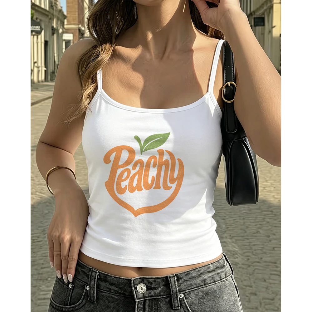 Orange Peach Shape Cami Women Funny Fruit Text Print Tank Top Sleeveless Vest Summer Trendy Fashion Sweet Daily Wear