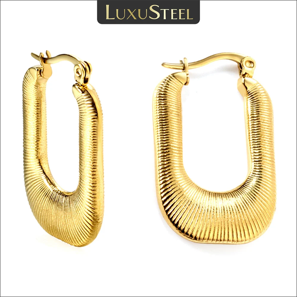 LUXUSTEEL Gold Plated Stainless Steel U-shape Hoops Earrings For Women Girls Casting Rectangle Textured Statement Ear Jewelry