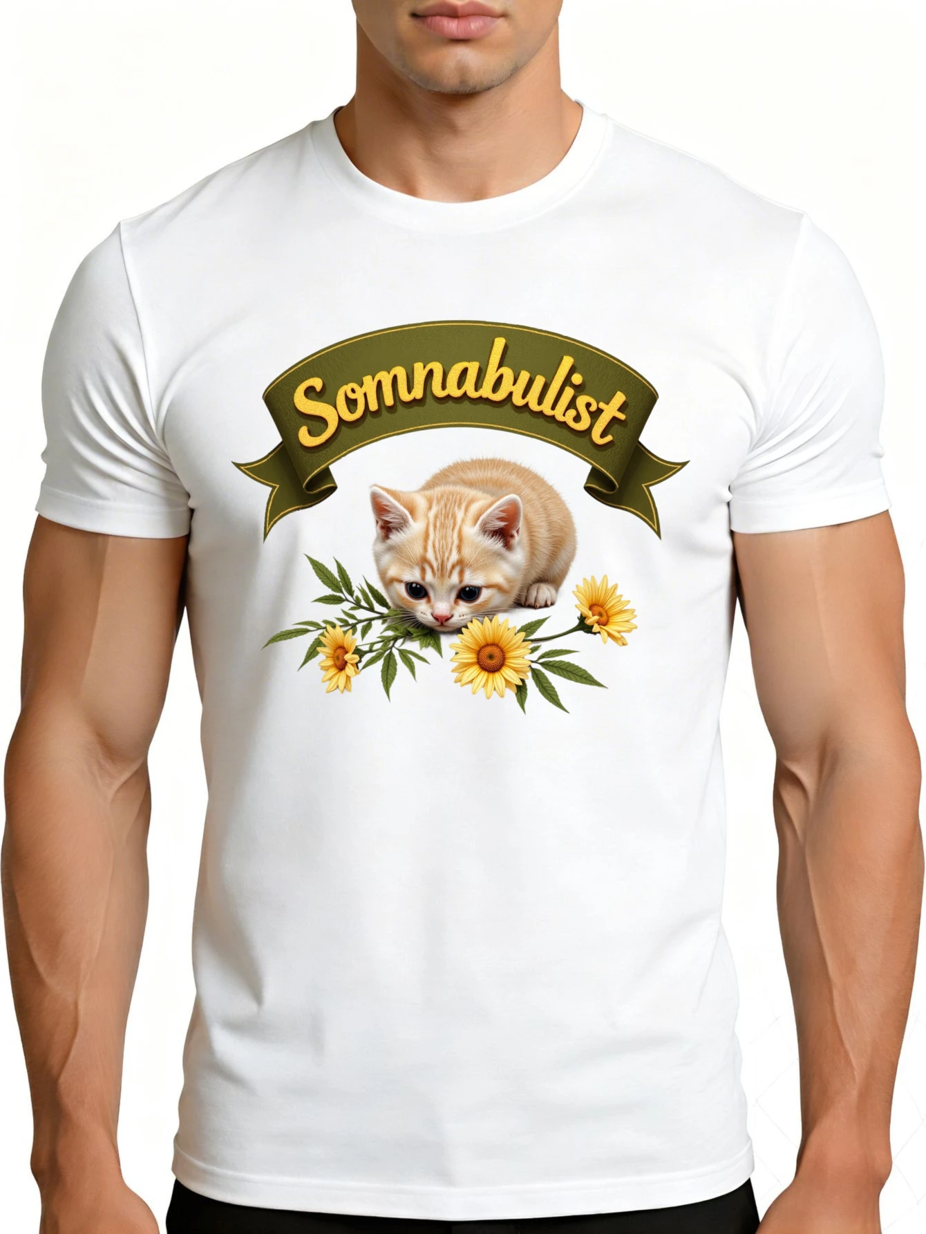 Men's Graphic T-Shirt - Breathable, Soft, Lightweight - Sleepwalking Cat Sunflower Banner Design - Retro Fun Graphic Casual Short Sleeve Summer Top, a Great Gift for Him