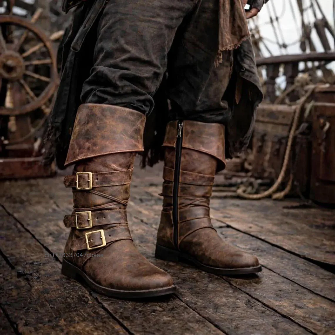 Men Distressed Fold Over Cuff Pirate Mid Calf Boots Medieval Renaissance Captain Cosplay Boots Party Costume Shoes Footwear 2026 3