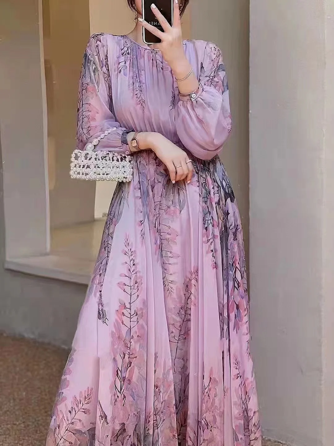 100% Silk Floral Print Bohemian Style Maxi Dress