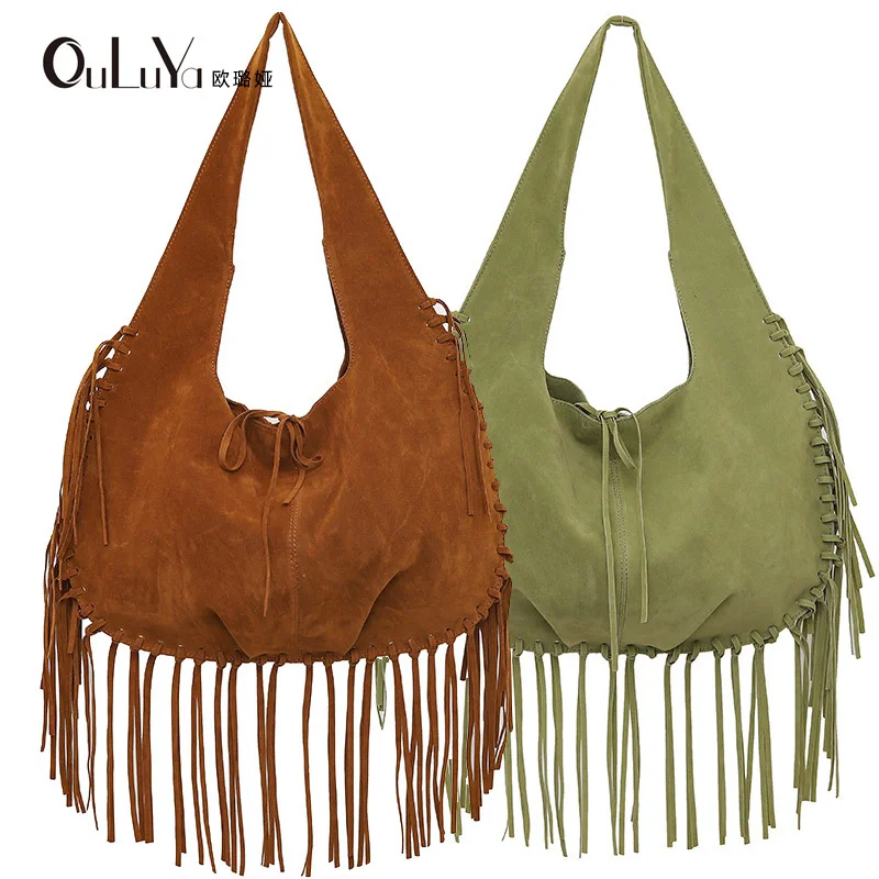 

2025 Tassel Large Capacity Trendy Single Shoulder Retro Dumpling Double-Sided Velvet Women's Large Bag