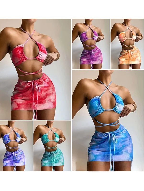 

2023 Women's Bikini Set Split Print Marble Design Tee-piece Swimsuit round Neline Polyester Material L064 Swimsuit