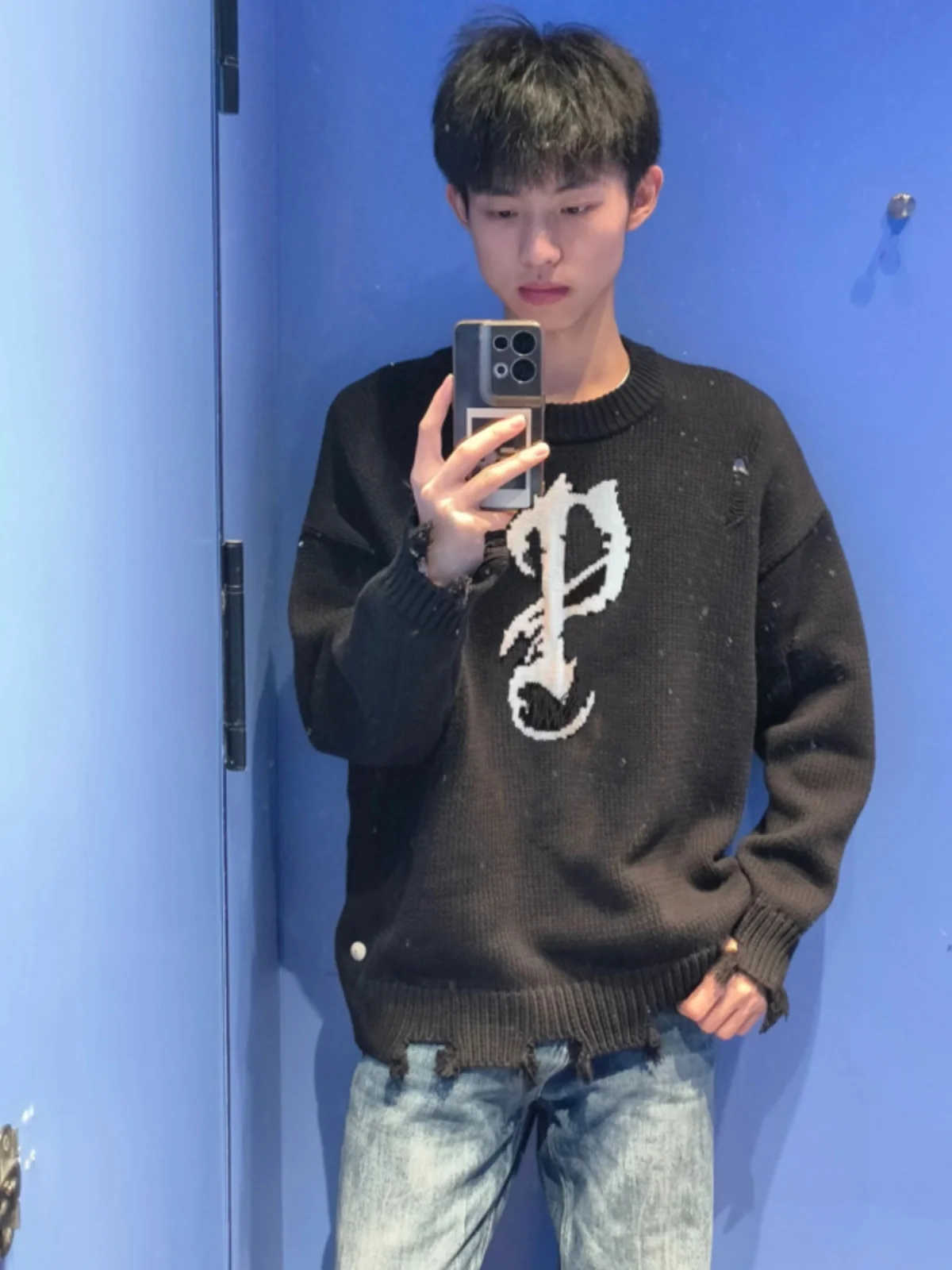 

Retro American round Ne Knitted Sweater Men's Winter Hole Design Base irt Oversize Knitted Jaet Casual Loose Fit