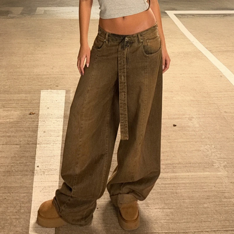 

Женские широкие джинсы, джинсовые брюки с высокой талией и поясом, свободная повседневная уличная одежда в стиле ретро, осень-зима 202, модная женская одежда