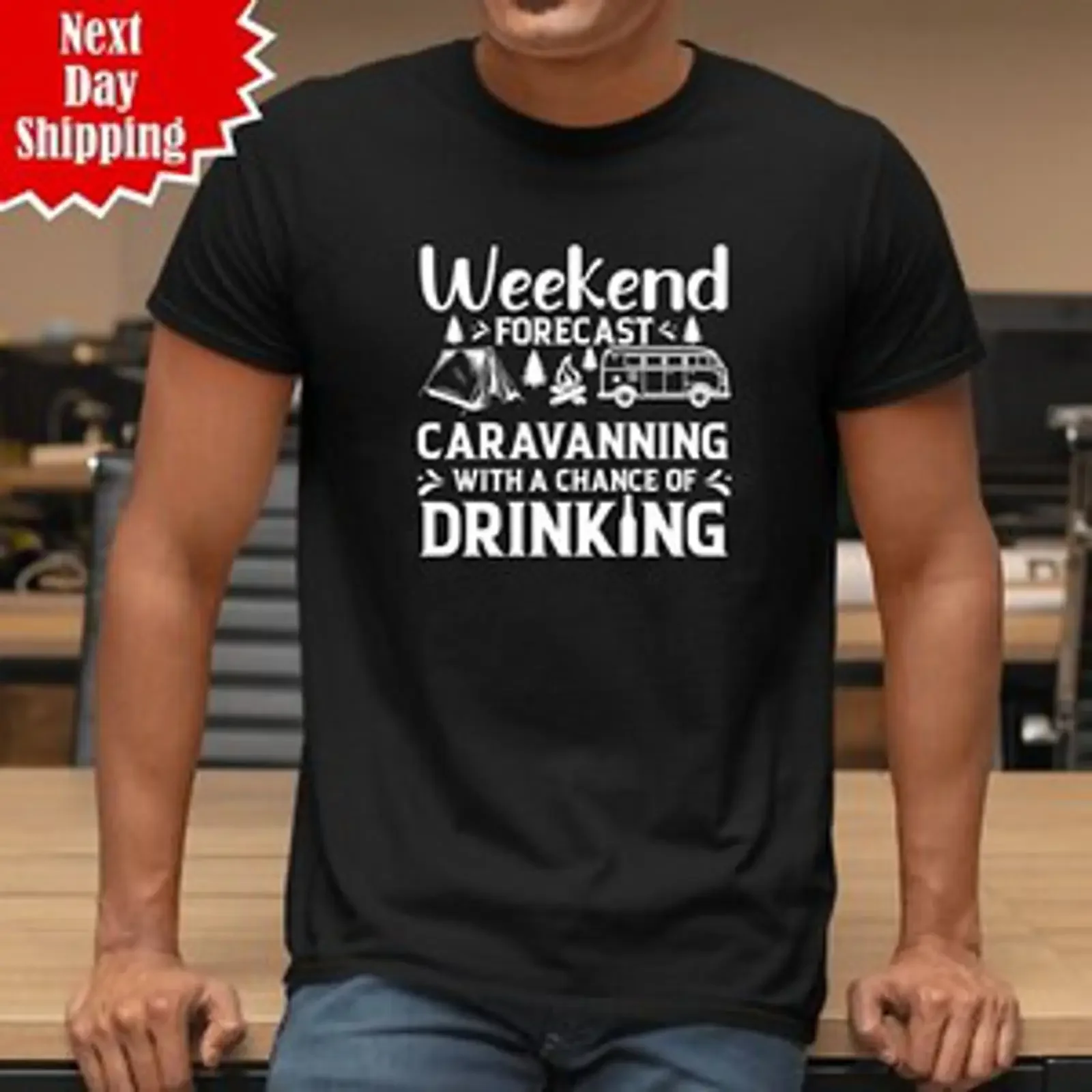 Wohnwagen T Shirt Caravaning Trinken Wochenende Vorhersage Camping Club lustig Top vintage Washed Casual Breathable streetwear