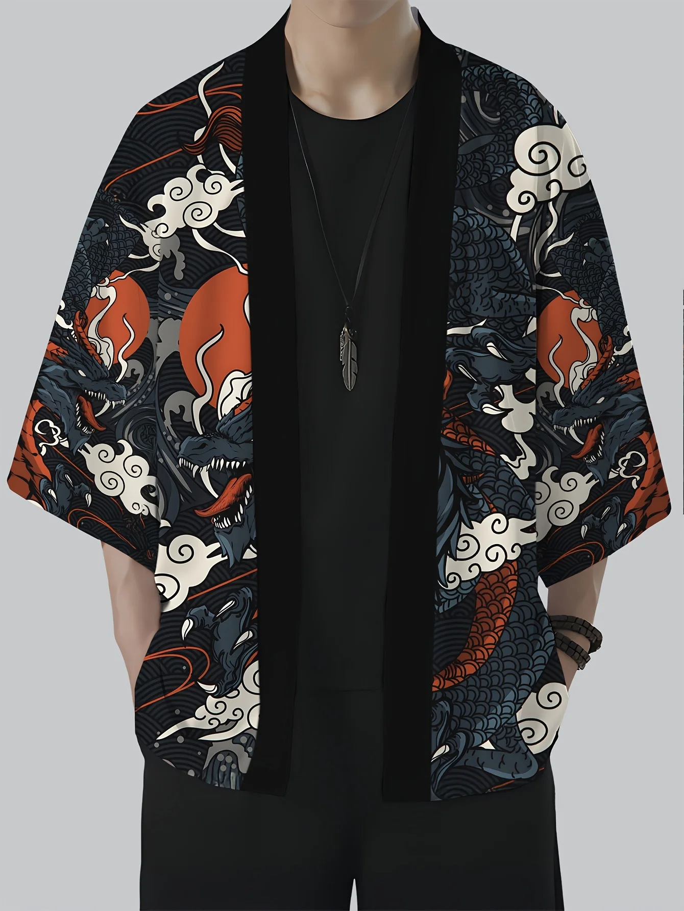 Men's Vintage Dragon Print Loose-Fit Kimono  Casual Summer Beachwear,Open Front, Lightweight Polyester Kimono Style Streetwear