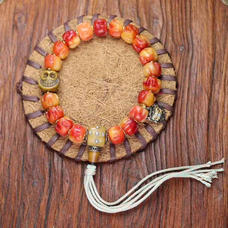 Yak and blood material cow bone carved bracelet with Tibetan-style three-way tassel accessory