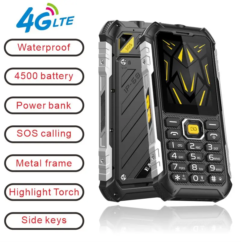 EAOR 4G LTE Rugged Feature Phone Dual SIM SOS FM Spotlight Torch Senior Mobile Phone IP68 Waterproof 4500mAh Battery Unlocked