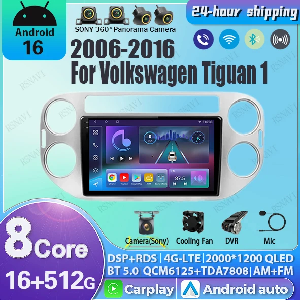 Android 16 Carplay GPS For VW Volkswagen Tiguan 1 NF 2006 - 2016 Car Radio Multimedia Player 2K Screen Stereo 2Din Head Unit BT