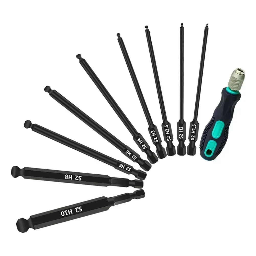 9pcs 1.5mm-10mm Hex Screwdriver Bit Set 100mm Length 1/4 Inch Shank Long Ball End Ball Magnetic Hex Screwdriver Bit Hand Tools