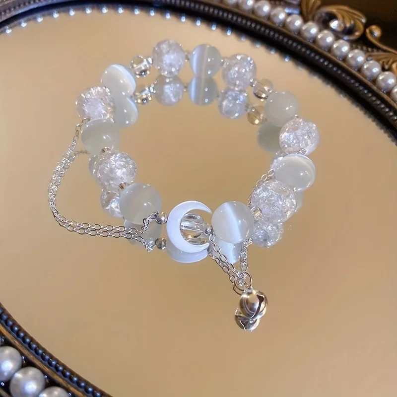 Korean Style White Beads Moon Bracelet for Women Vintage Gradient Crystal Glass Planet Bracelets Exquisite Party Jewelry Gifts
