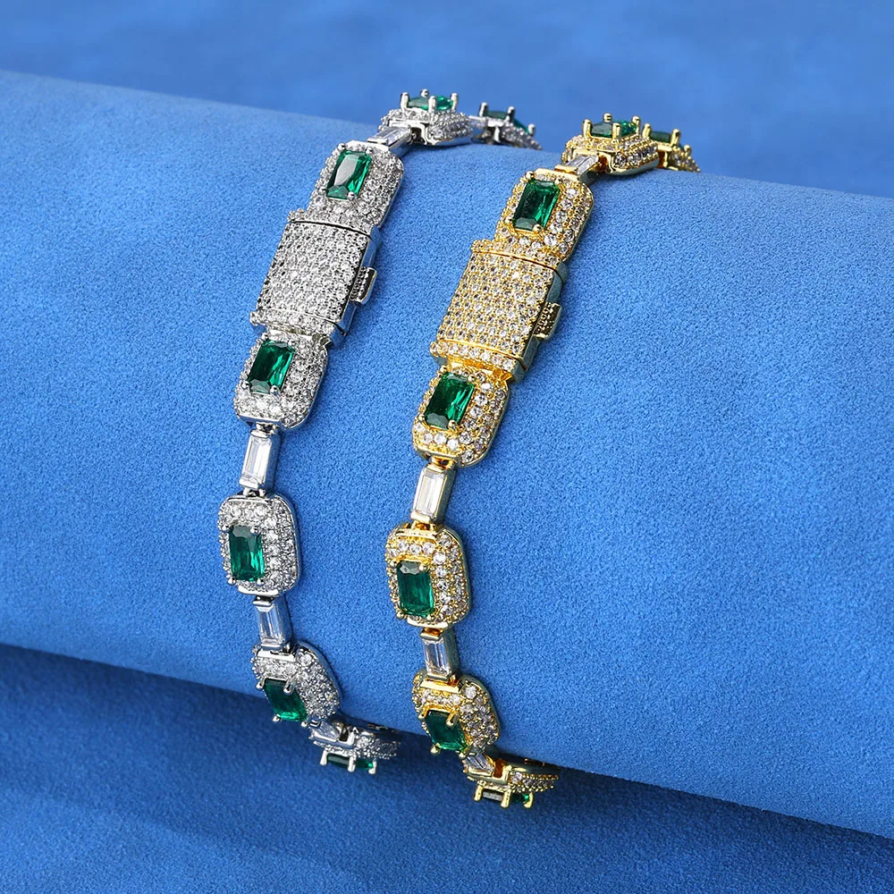 Hip Hop Jewelry Handmade Set Diamond Necklace with Green Square Zircon Sparkling Ice Flower Exquisite Christmas Gift