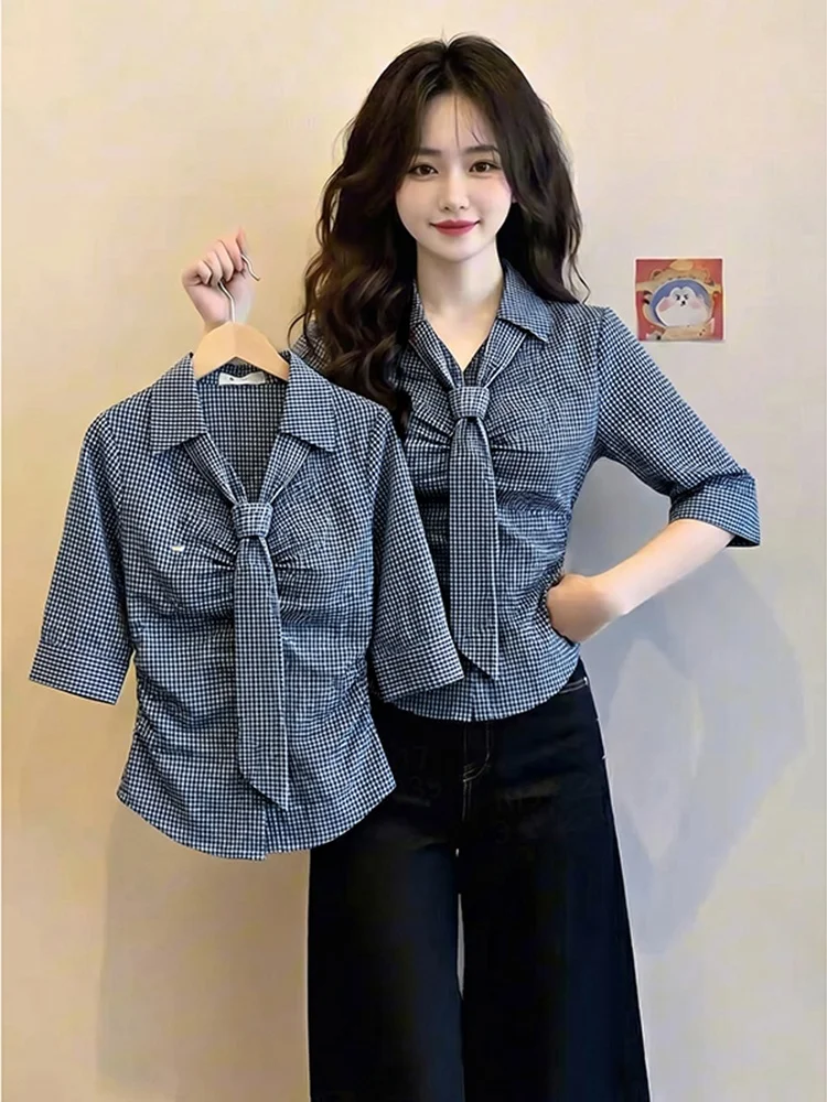 

Slimming Plaid Tie Shirt Women's Summer New Style Small Size Casual Loose Fit Button up Shirt Korean Office Style Blue