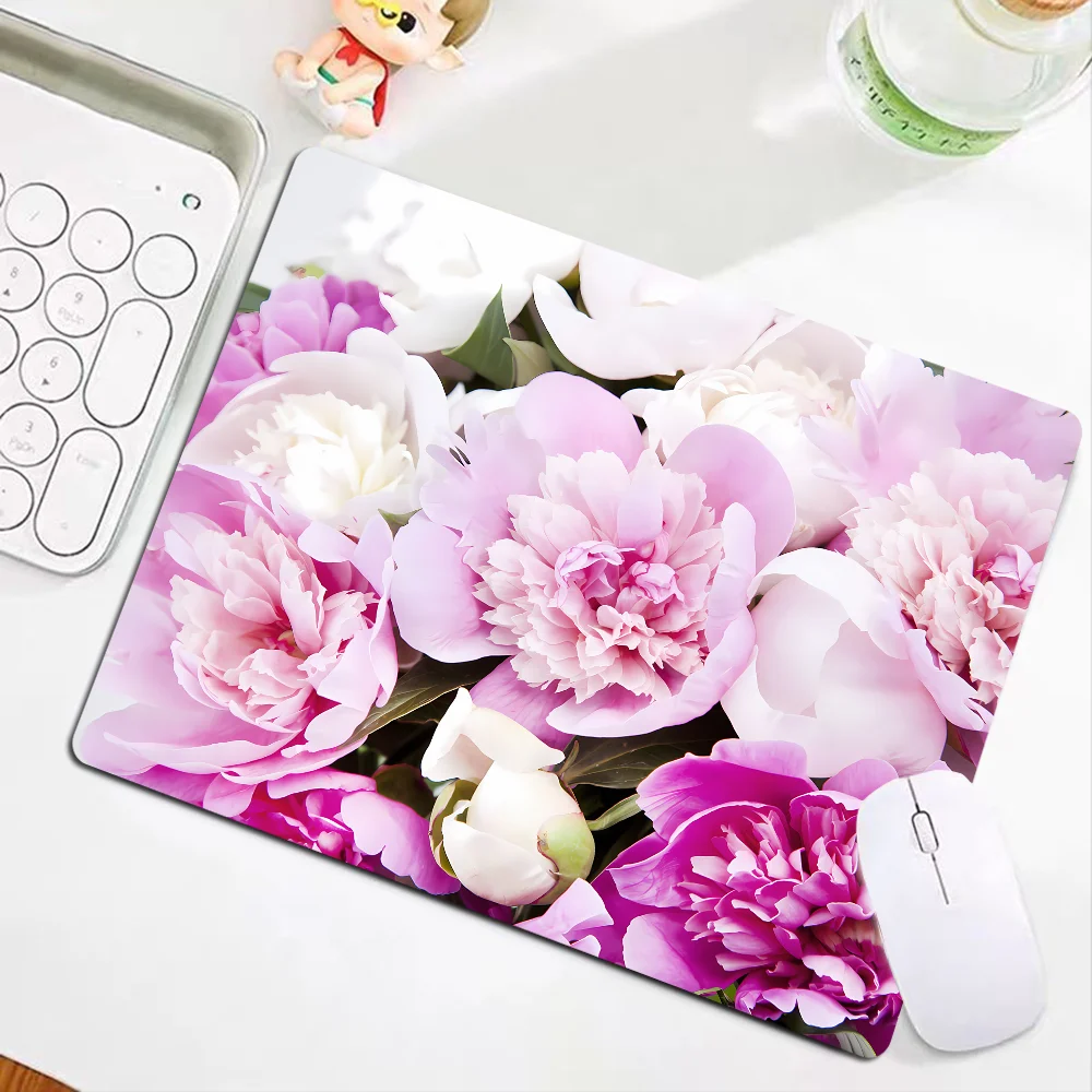 Elegant Pink Purple Peony Flower Mousepad Animation Thickened Mouse Pad Gaming Keyboard Table Mat Office Supplies Room Decor PC