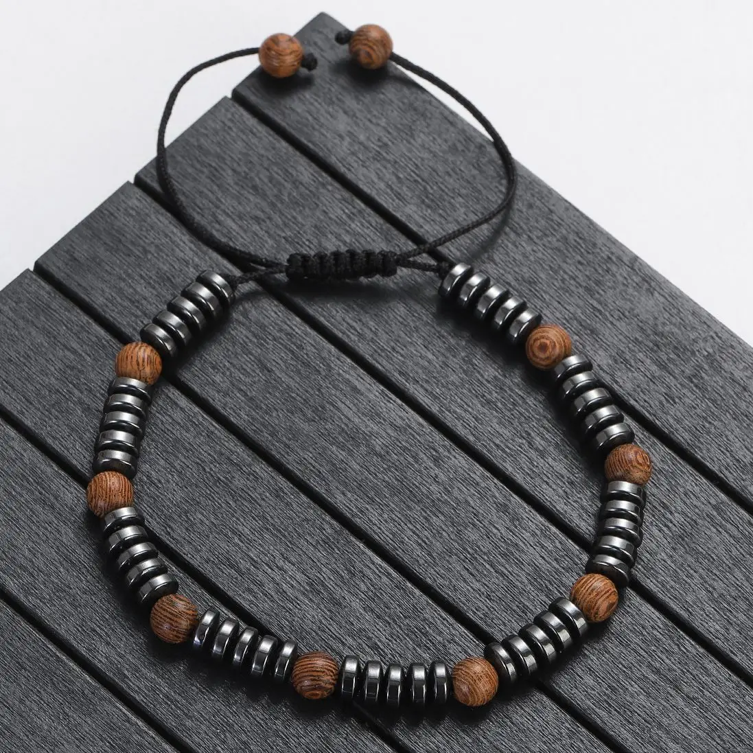 Natural Black Hematite Wood Beads Weaving Bracelet for Women Men Handmade Adjustable Rope Bracelets Homme Yoga Jewelry pulsera