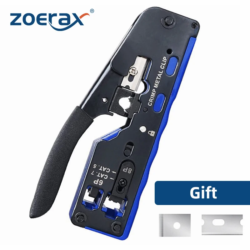 ZoeRax Ethernet Crimper, passagem através da ferramenta, plugues modulares, RJ45, CAT7, CAT6, CAT5, RJ45, RJ12, RJ11