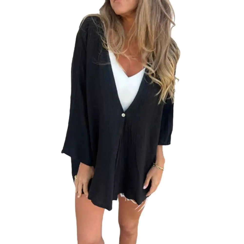 

Women Shirt V-neck Buttoned Blouse for Party Wear Loose Fit Solid Color Shirt Top for Date Travel Outfits Solid