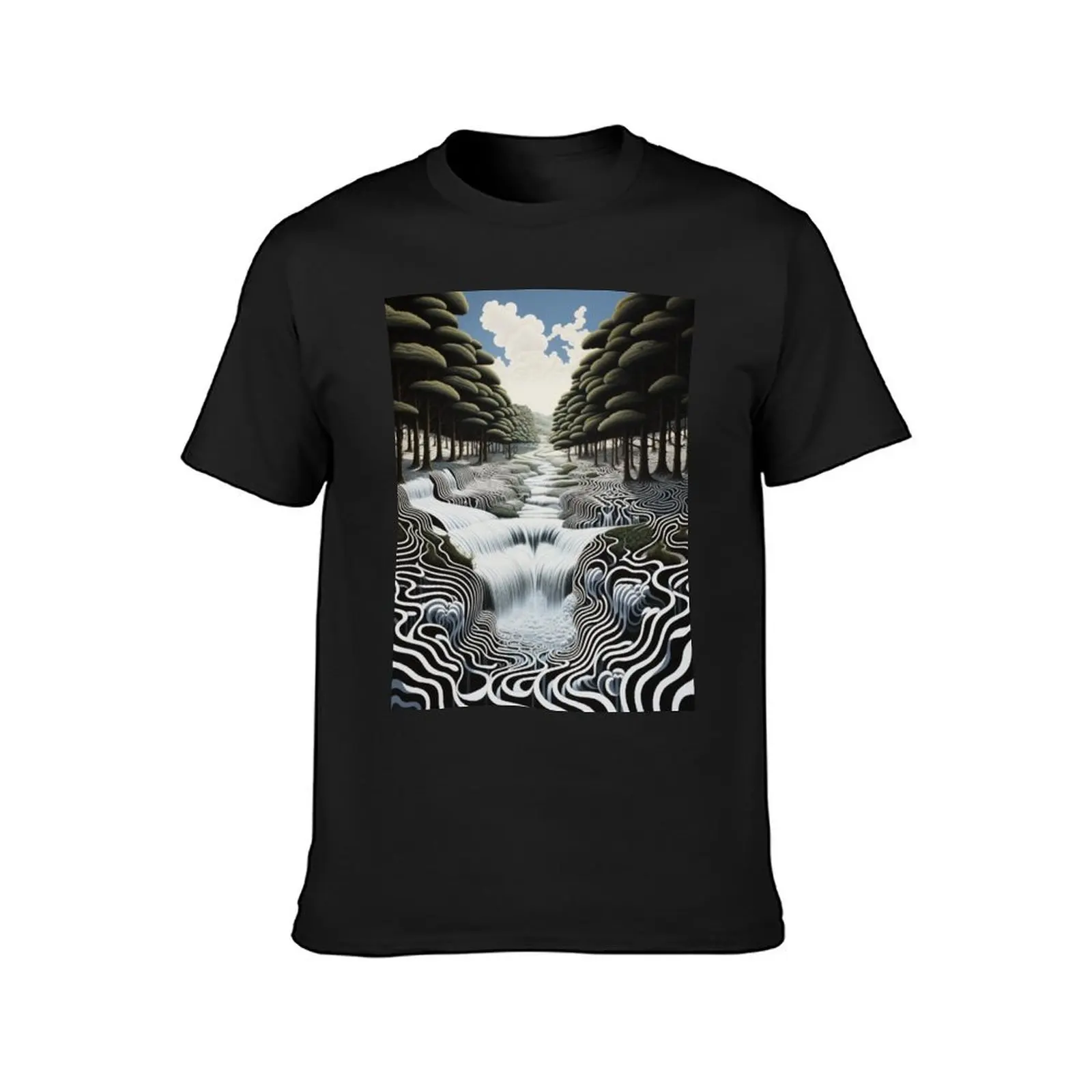 Geometric River Vista: Black and White Landscape with Green Trees and Blue Sky in Op Art Style T-Shirt