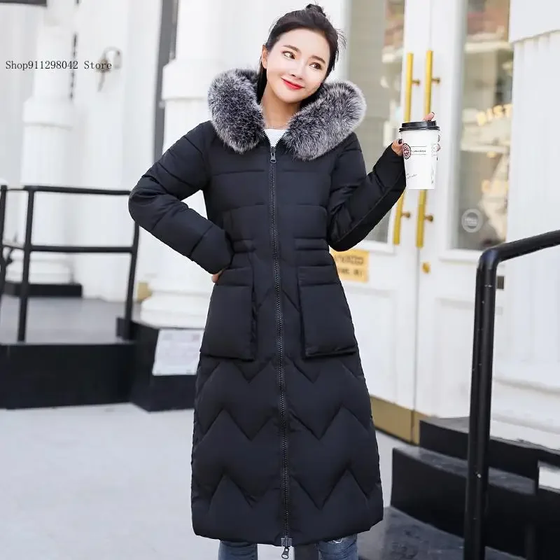 Winter Printed Large Fur Collar Medium Length Double-Sided Cotton Jacket Coat Women