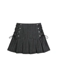 HOUZHOU Y2k Pleated Skirt Women Sexy High Waist Grey Stripe Bandage A Line Mini Skirts 2024 Summer Vintage Harajuku Streetwar