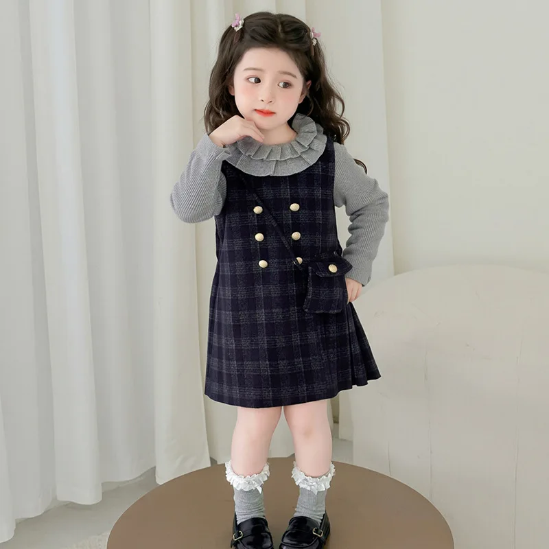 Girls Spring and Autumn Collection 2025 New Childrens Stylish Tank Top Checkered Dress Autumn Two Piece Set
