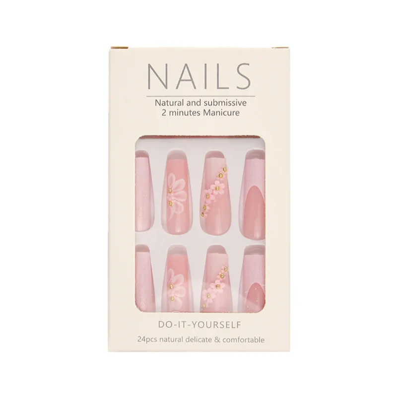 

Wear Nail Long Pink Flower Sweet Wind Nail Patch Removable Fake Nail Patch