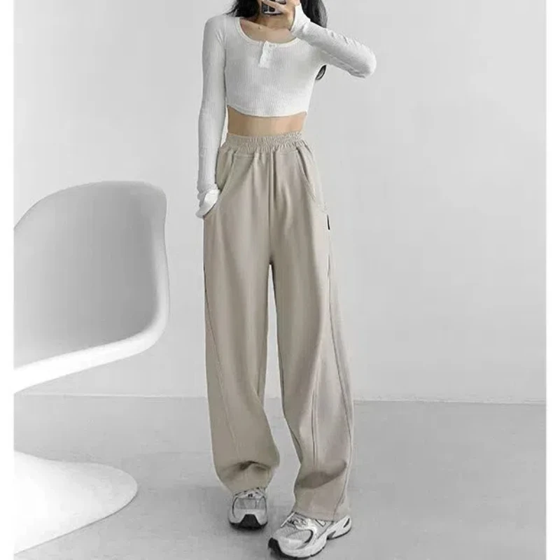 

American Spicy Women's 2024 New Patchwork Elasticized High-waisted Pocket Loose Slim Casual Straight Leg Sports Floor Pants