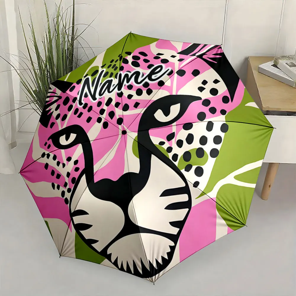 Custom Name  Artistic Leopard Print Umbrella with Vibrant Colors Print 8 Iron Ribs Folding Umbrella Auto-Open Fashion Sunshade