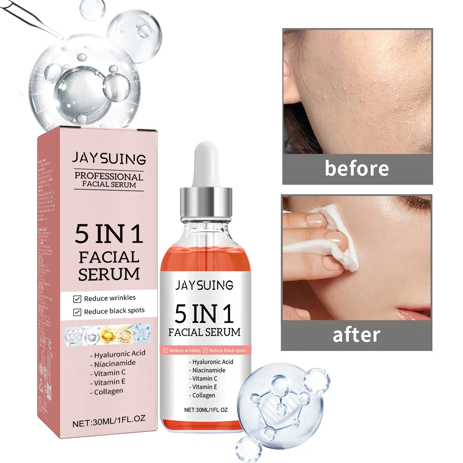 

5 In 1 Fade fine lines Firming Face Serum Moisturizing brightning Vitamin C Hyaluronic Acid Facial Serum Shrink Pores Skin Cares