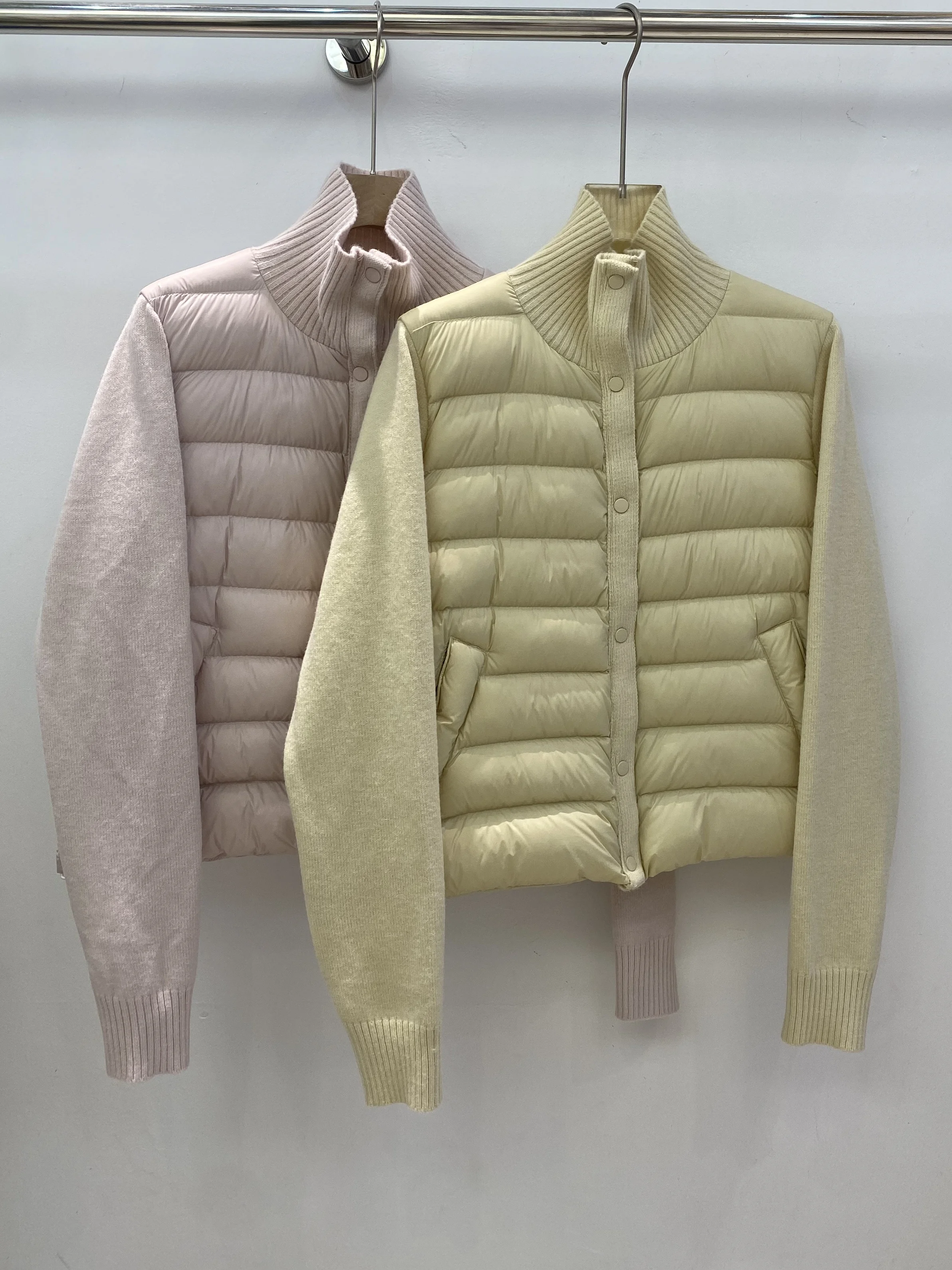 Fashionable Knitted Stand Collar Patchwork White Duck down Jacket Lightweight Warm Base Layer Outerwear for Women Autumn Wint...