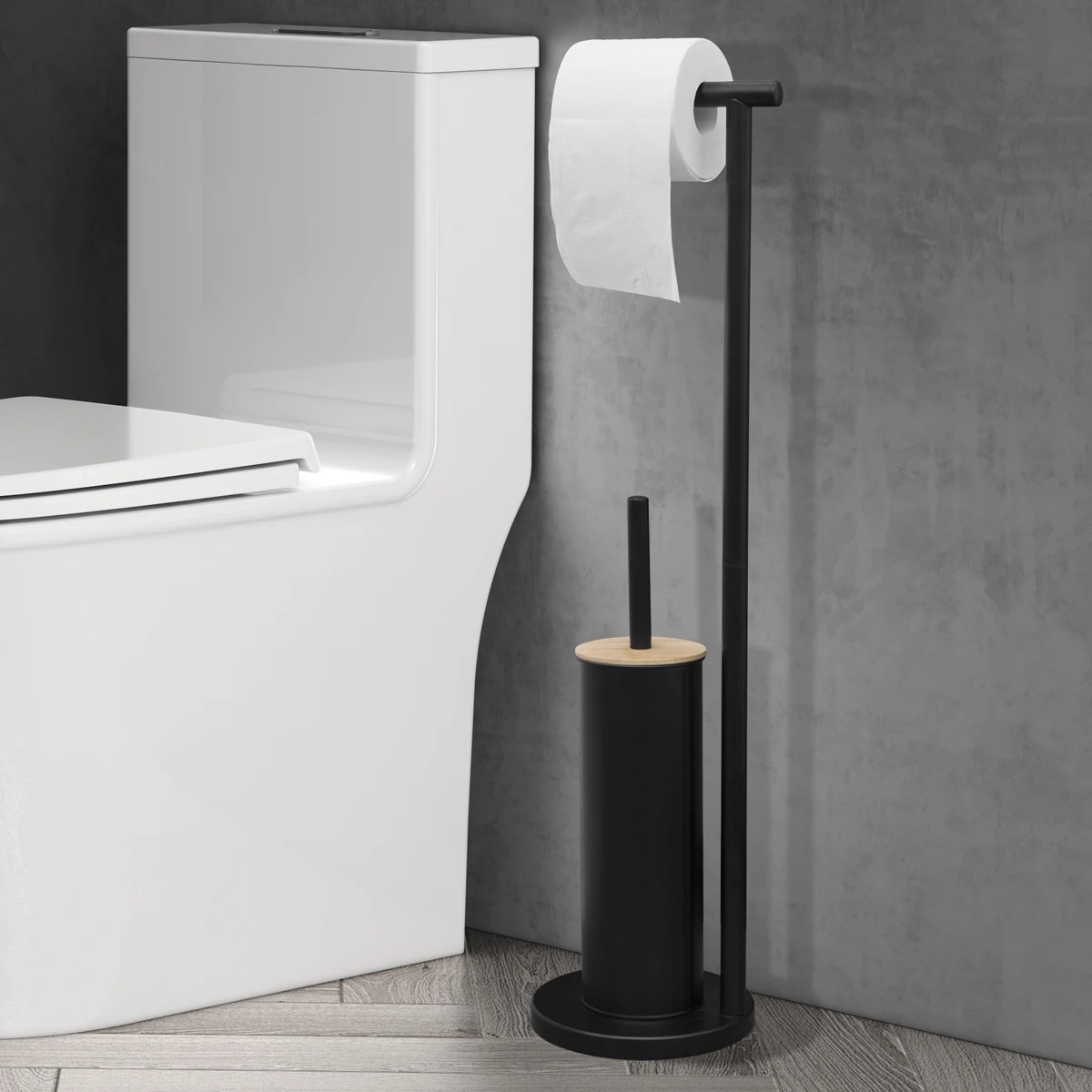 

Напольная щетка для унитаза с бамбуковой крышкой и держателем для салфеток, вертикальный держатель для рулона туалетной бумаги, подвесная стойка, инструмент для чистки ванной комнаты