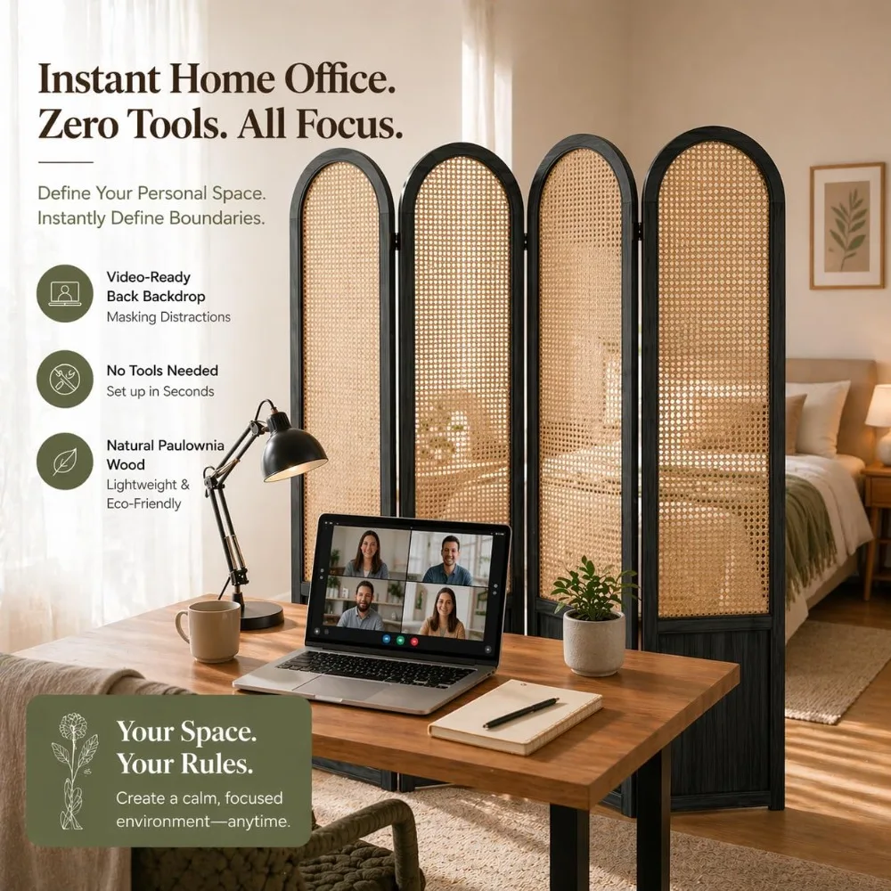 Rattan Room Divider, 4 Panel Folding Screen, Black