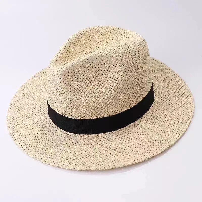 Black Ribbon Band Panama Hats Summer Women Sun Hat for Men Jazz Top Wide Brim Staw Beach Hat Derby Party Wedding Hat