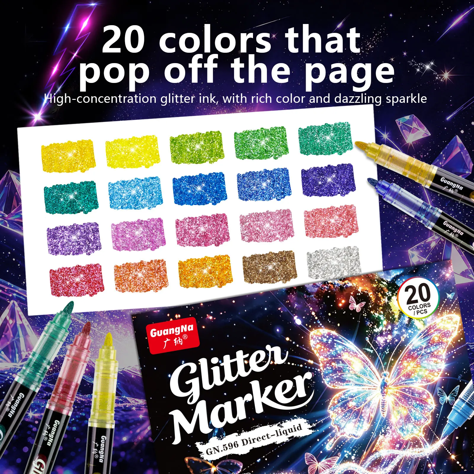 Guangna Direct Liquid Glitter Markers, 20 Colors for Drawing and Graffiti, Multi-Colored Writing and Journaling Markers, Character and Comic Art Stationery Set, Comprehensive Color Assortment, Suitable for Canvas, Wood, Stone, Glass, Ceramics, Fabric Painting, DIY Crafts, Art Supplies, Great Gift for Artists