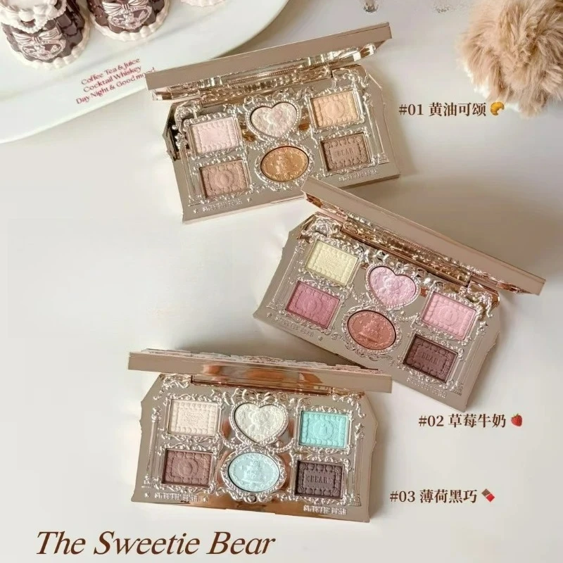 Flower Knows The Sweetie Bear Collection Ombretto a 6 colori Perla opaca Scultura in rilievo carino Occhi Viso Trucco a lunga durata