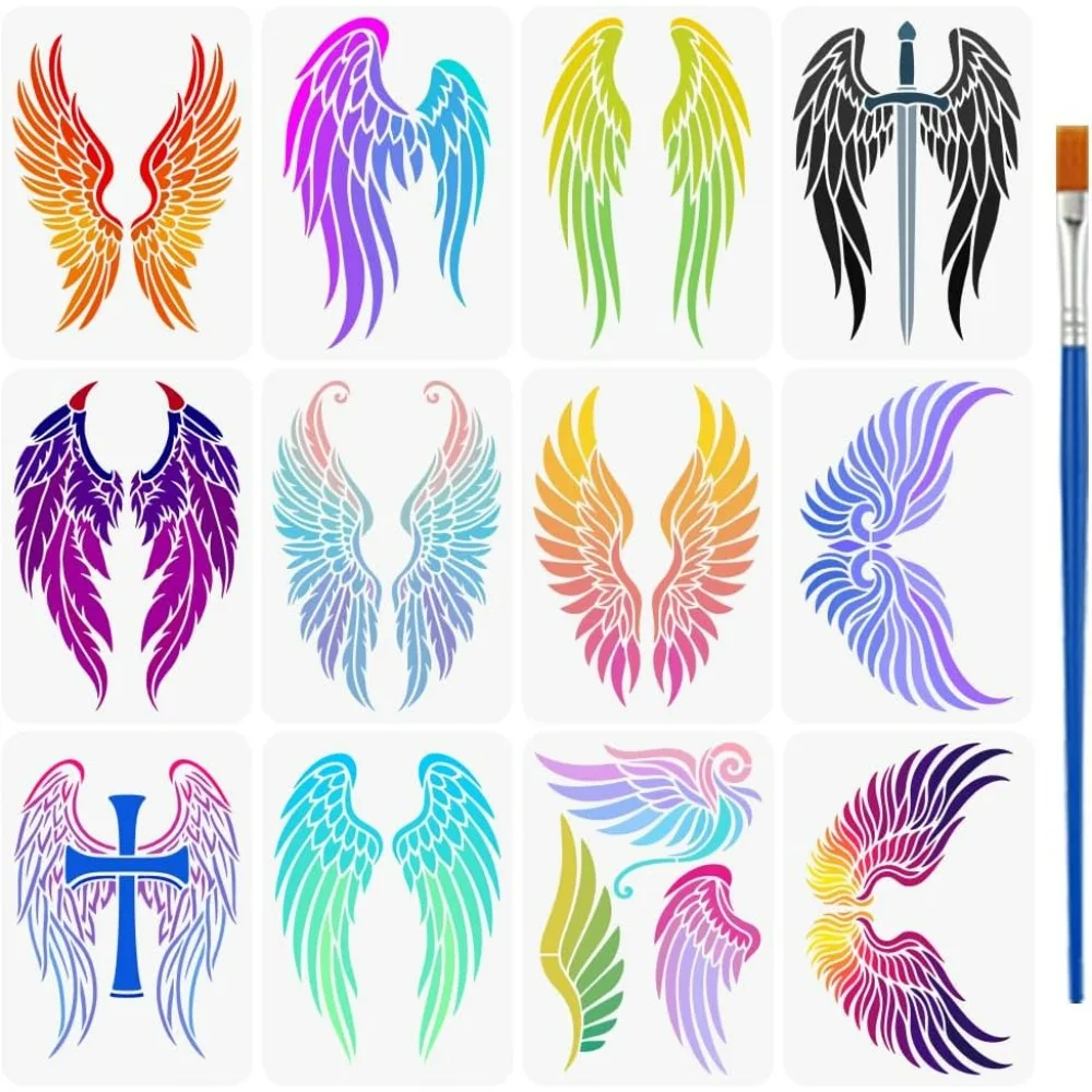 12 Pcs Multiple Wings Painting Stencil with a 16cm Paint Brush 11.7x8.3inch Reusable Plastic Stencil DIY Craft Templat