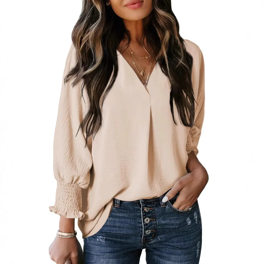 

Women's Waist-cinching V-Neck Loose Seven-Sleeve Shirt Dress