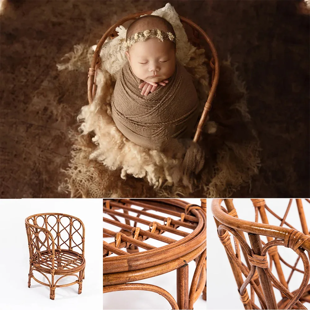 Vintage Rattan Chair For Newborn Photography Props Studio Infant Mini Bamboo Woven Small Bed And Baskets Photoshoot Accessories