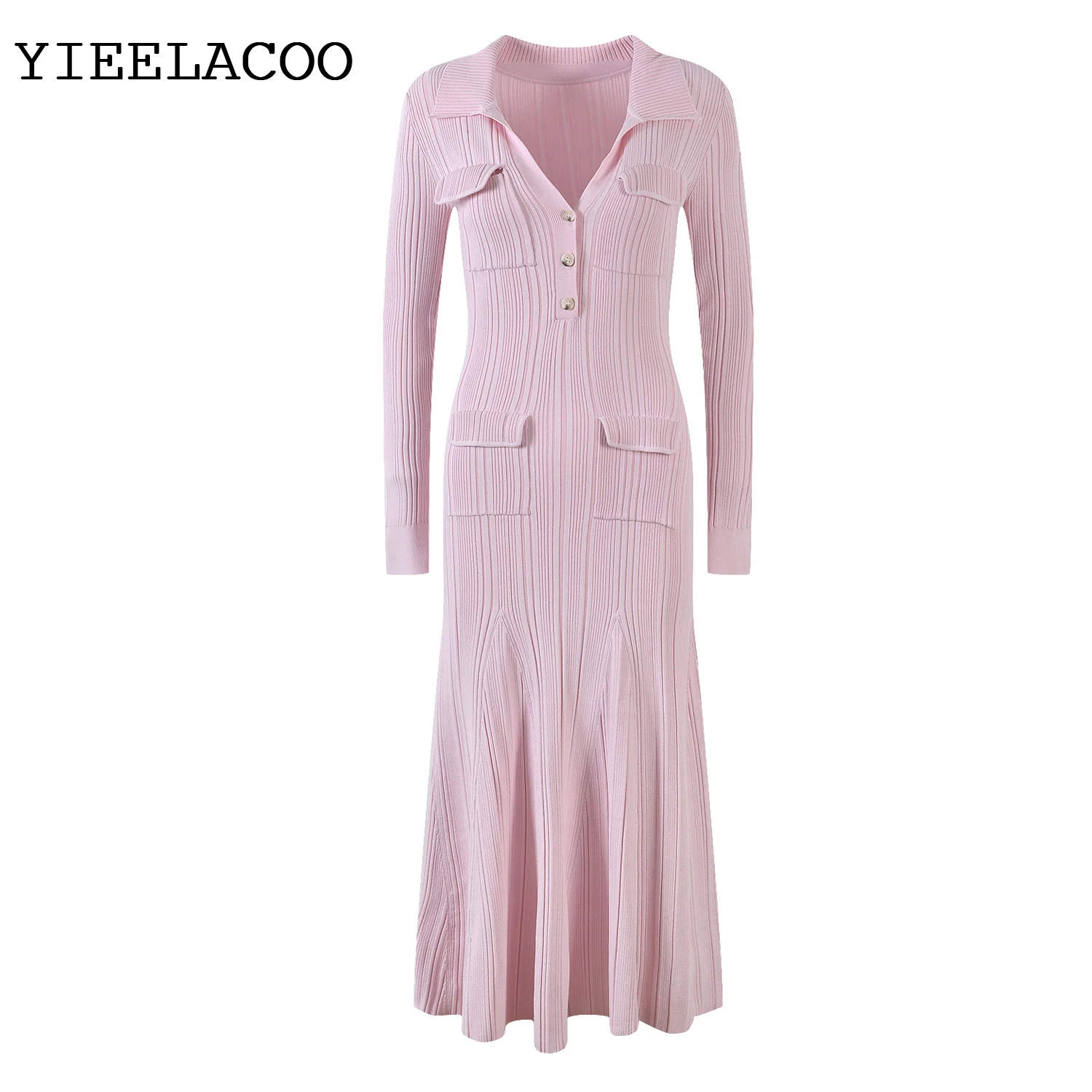 

French Long Dress Women's Early Spring 2023 New Shirt Collar Waist Shrinking Knitted Fishtail Dress