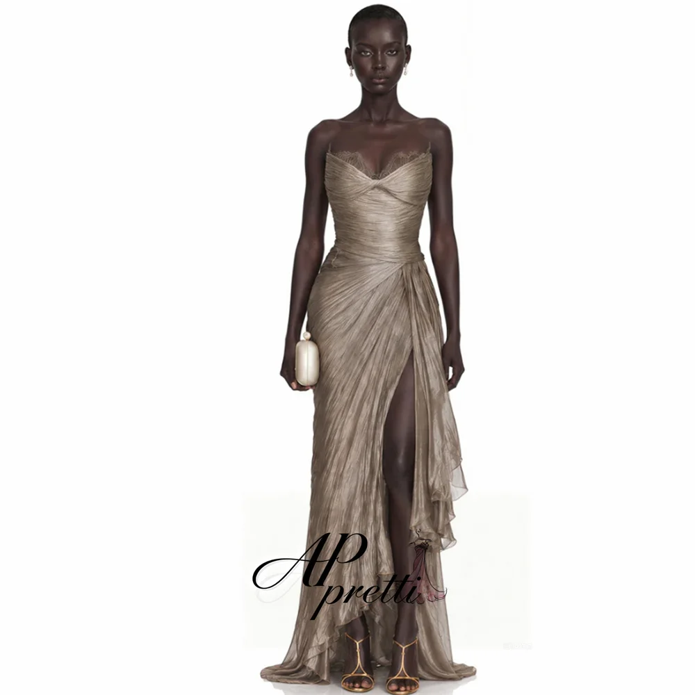 AP Pretti Modern Pleat V-Neck Evening Gown Dress Sleeveless Side High Slit Prom Gown Customized Back Tie Party Dress 2026