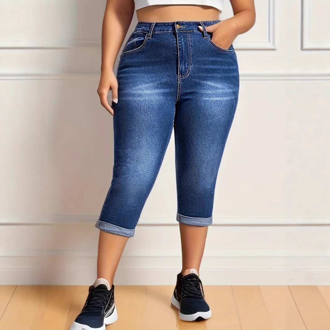

Новые женские джинсовые шорты большого размера на лето в Европе и Америке. Модные эластичные повседневные семидюймовые джинсы с закрученными краями