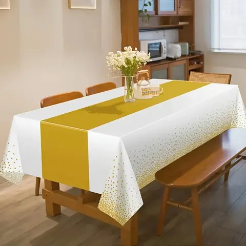 Elegant White Gold Disposable Plastic Tablecloth for Wedding Birthday Party Festival Table Cover Decor